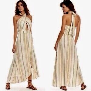 NWOT~High-Low Cross Tie Halter Keyhole Linen Blend Maxi Dress by Happy x Nature
